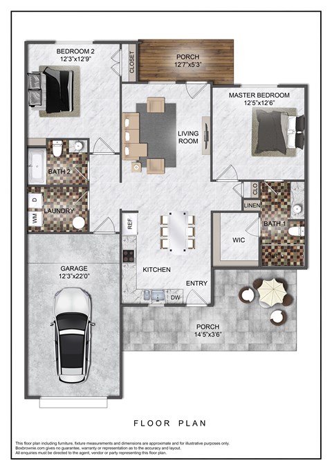 Floor plan for 2 beds, 2 baths, 1107 sqft
